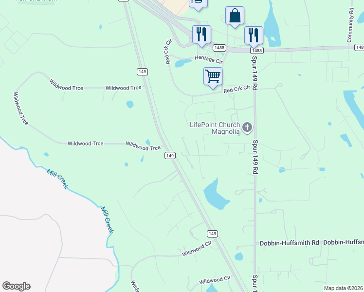 map of restaurants, bars, coffee shops, grocery stores, and more near 14102 Williams-Fritz Road in Magnolia