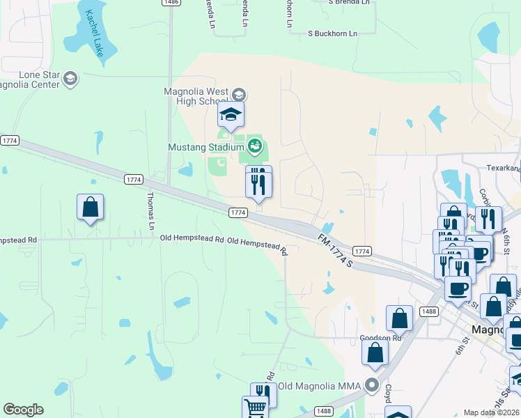 map of restaurants, bars, coffee shops, grocery stores, and more near 41902 Farm-To-Market Road 1774 in Magnolia