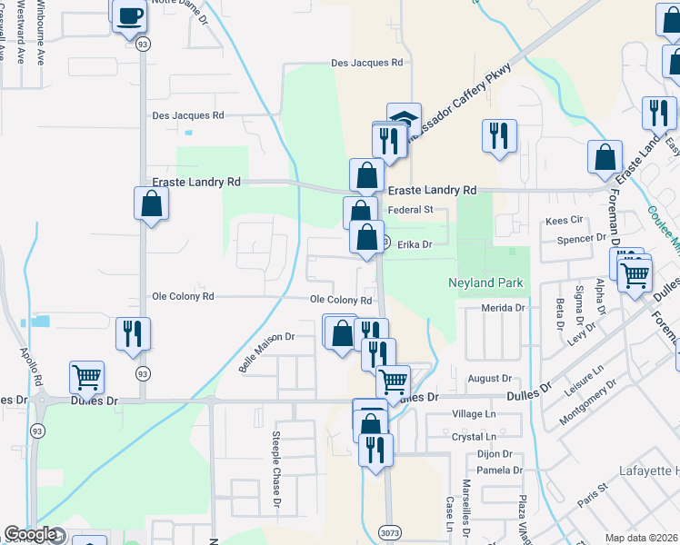 map of restaurants, bars, coffee shops, grocery stores, and more near 107 West Avondale Drive in Lafayette