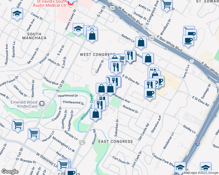 map of restaurants, bars, coffee shops, grocery stores, and more near 4506 South Congress Avenue in Austin