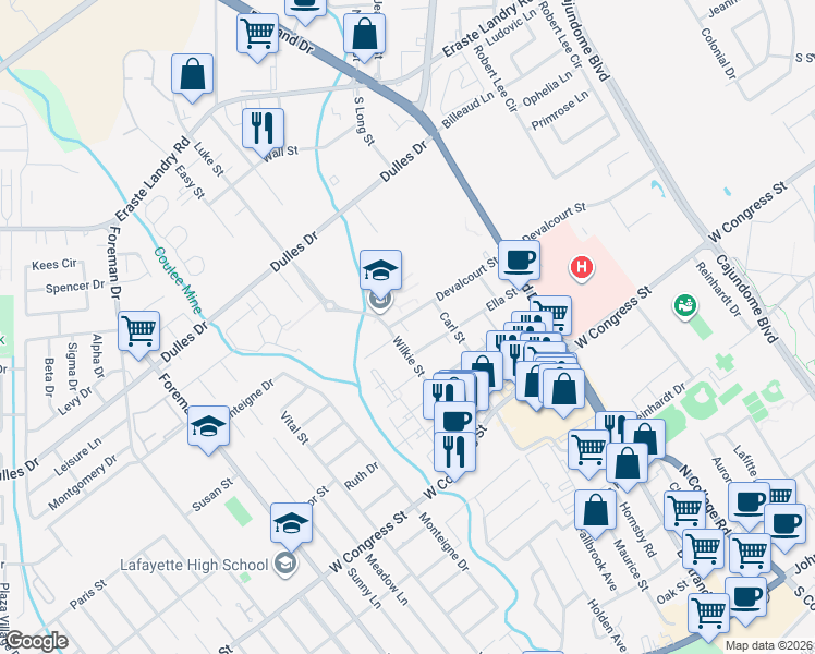 map of restaurants, bars, coffee shops, grocery stores, and more near 307 Devalcourt Street in Lafayette