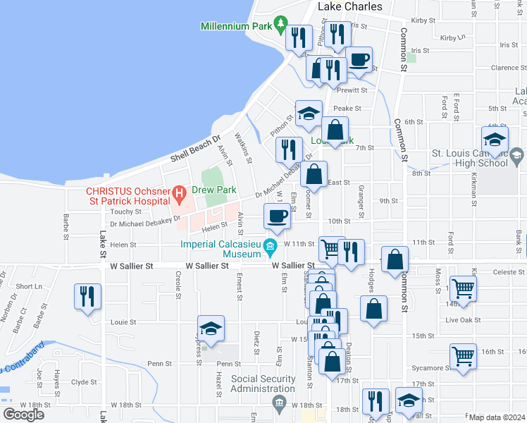 map of restaurants, bars, coffee shops, grocery stores, and more near 1718 Ethel Street in Lake Charles
