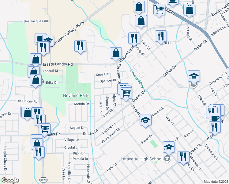 map of restaurants, bars, coffee shops, grocery stores, and more near 106 Belle Chasse Dr in Lafayette