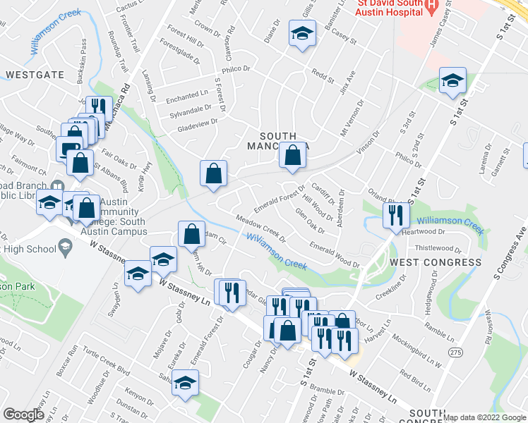 map of restaurants, bars, coffee shops, grocery stores, and more near 5117 Emerald Forest Drive in Austin