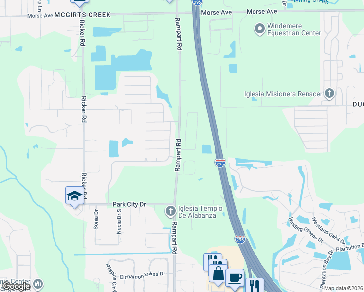 map of restaurants, bars, coffee shops, grocery stores, and more near Rampart Rd in Jacksonville