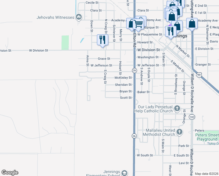 map of restaurants, bars, coffee shops, grocery stores, and more near 701-899 Sheridan Street in Jennings