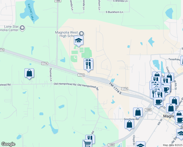 map of restaurants, bars, coffee shops, grocery stores, and more near 41854 Farm to Market 1774 in Magnolia