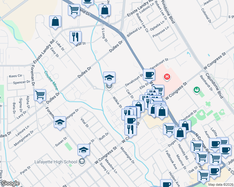 map of restaurants, bars, coffee shops, grocery stores, and more near 307 Devalcourt Street in Lafayette