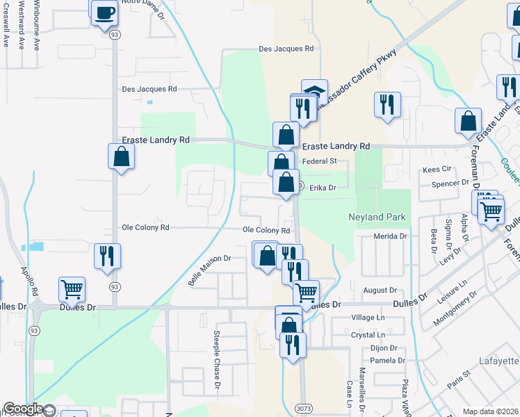 map of restaurants, bars, coffee shops, grocery stores, and more near 107 West Avondale Drive in Lafayette