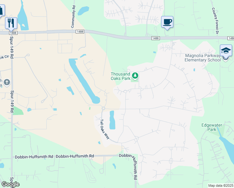 map of restaurants, bars, coffee shops, grocery stores, and more near 12311 Post Oak Court in Magnolia