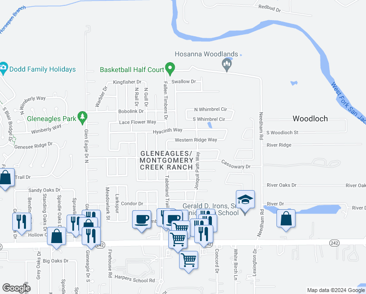 map of restaurants, bars, coffee shops, grocery stores, and more near 9931 Knob Hollow Way in Conroe