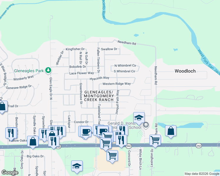 map of restaurants, bars, coffee shops, grocery stores, and more near 9924 Western Ridge Way in Conroe