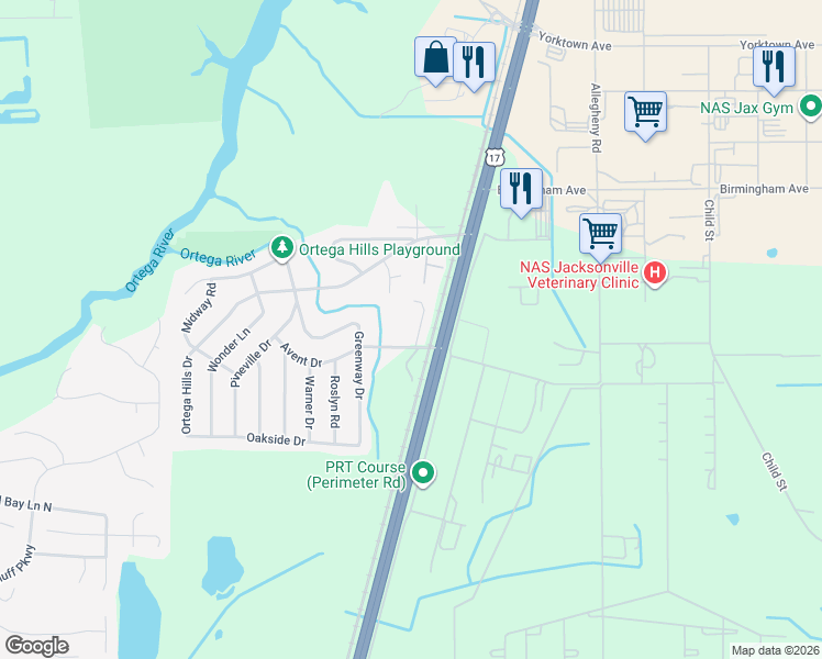 map of restaurants, bars, coffee shops, grocery stores, and more near 7414 Palm Hills Drive in Jacksonville