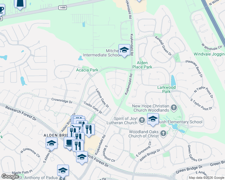 map of restaurants, bars, coffee shops, grocery stores, and more near 95 Autumn Branch Drive in Spring