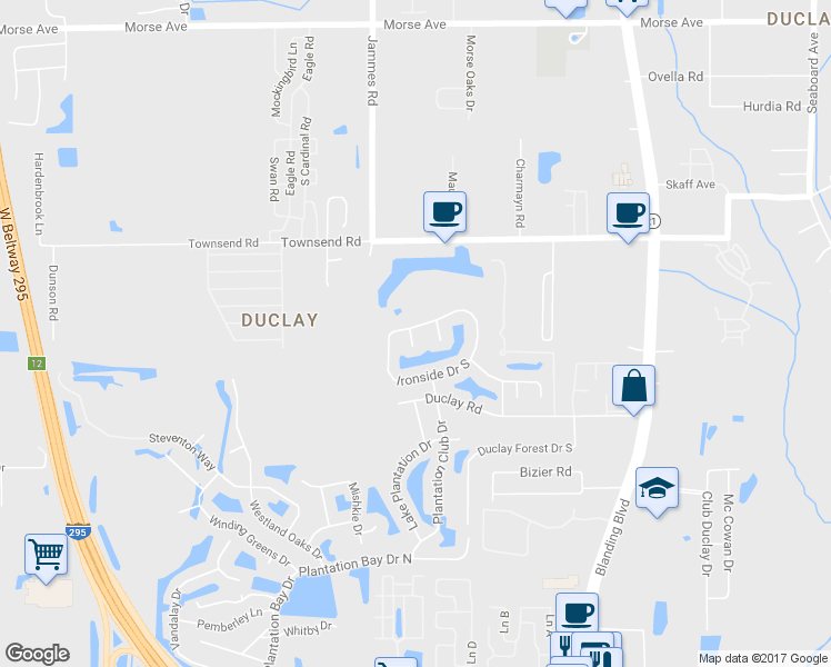 map of restaurants, bars, coffee shops, grocery stores, and more near 6330 Ironside Drive North in Jacksonville