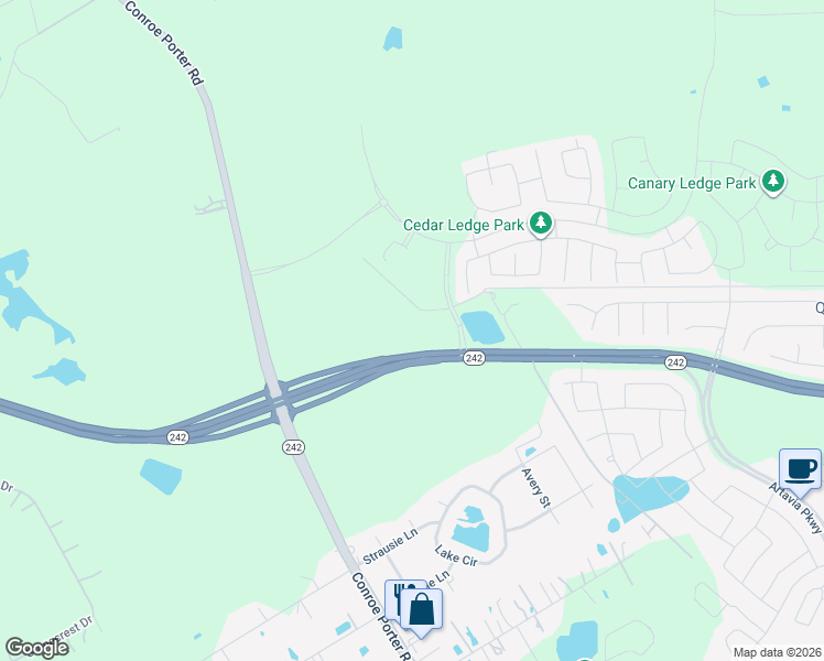 map of restaurants, bars, coffee shops, grocery stores, and more near Texas 242 in Conroe