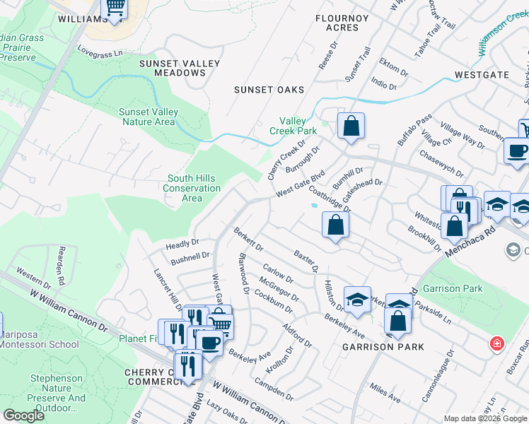 map of restaurants, bars, coffee shops, grocery stores, and more near 6104 Blarwood Drive in Austin
