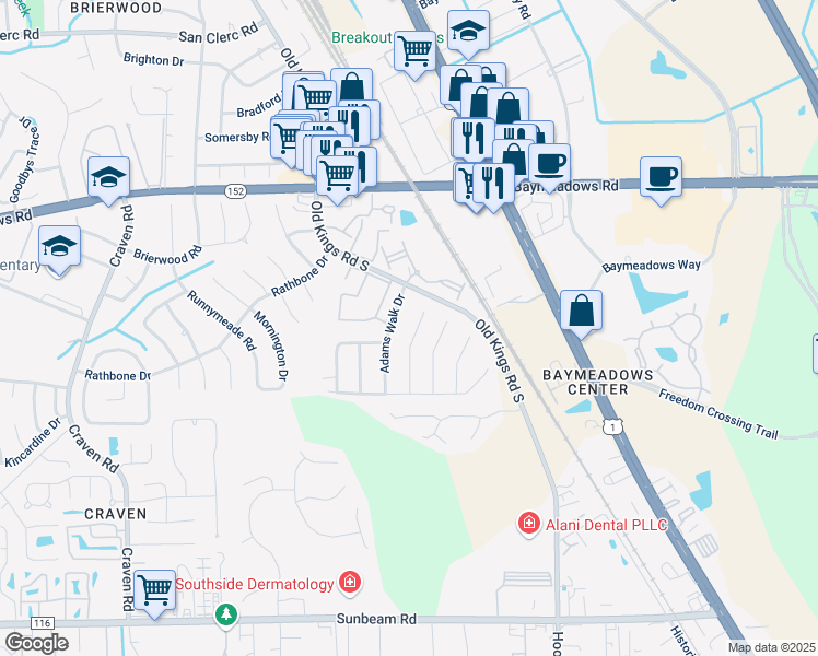 map of restaurants, bars, coffee shops, grocery stores, and more near 8934 Elizabeth Falls Drive in Jacksonville