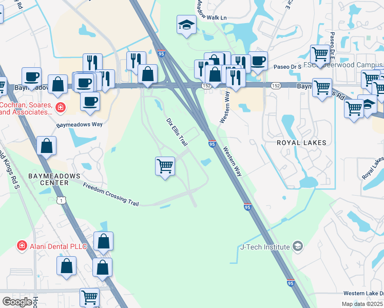 map of restaurants, bars, coffee shops, grocery stores, and more near 8375 Dix Ellis Trail in Jacksonville
