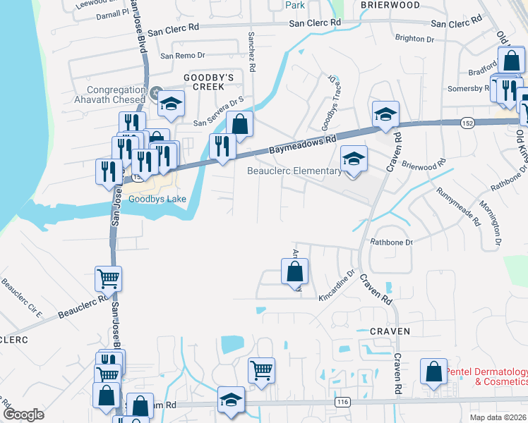 map of restaurants, bars, coffee shops, grocery stores, and more near 8990 San Rae Road in Jacksonville