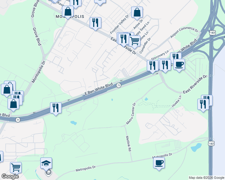 map of restaurants, bars, coffee shops, grocery stores, and more near 7199 East Ben White Boulevard in Austin