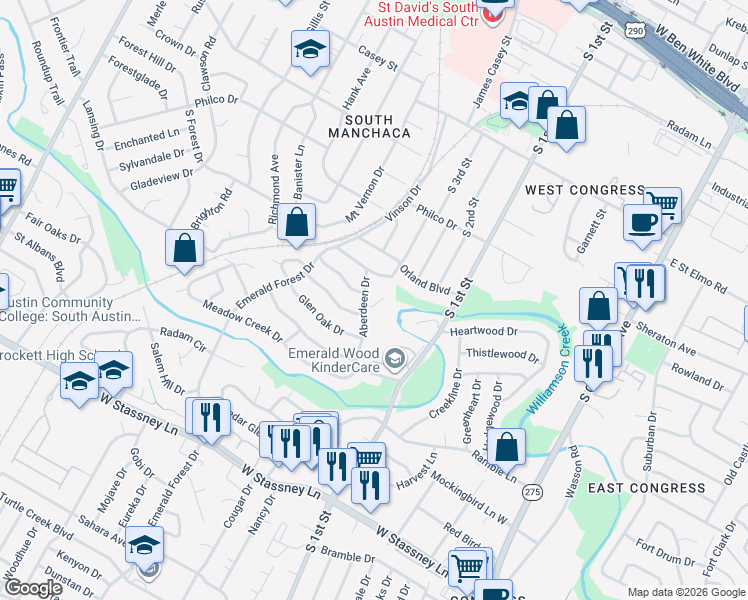 map of restaurants, bars, coffee shops, grocery stores, and more near 4901 Aberdeen Circle in Austin
