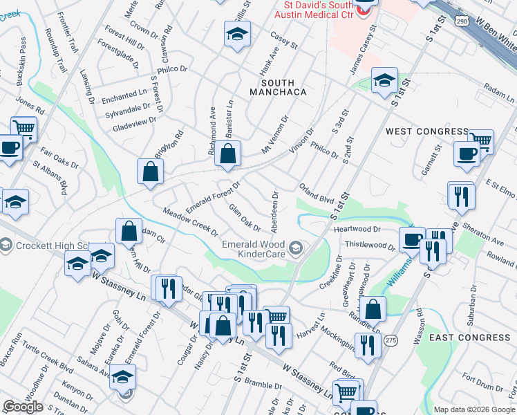 map of restaurants, bars, coffee shops, grocery stores, and more near 803 Cardiff Drive in Austin