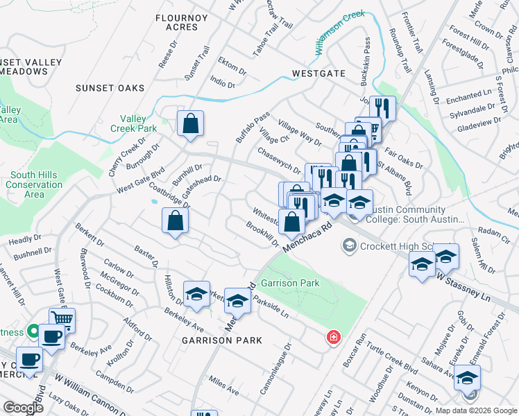 map of restaurants, bars, coffee shops, grocery stores, and more near 2300 Whitestone Drive in Austin