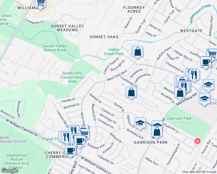 map of restaurants, bars, coffee shops, grocery stores, and more near 6005 West Gate Boulevard in Austin
