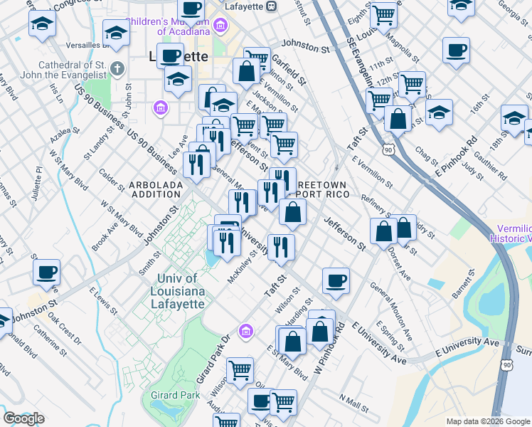 map of restaurants, bars, coffee shops, grocery stores, and more near 426 General Mouton Avenue in Lafayette