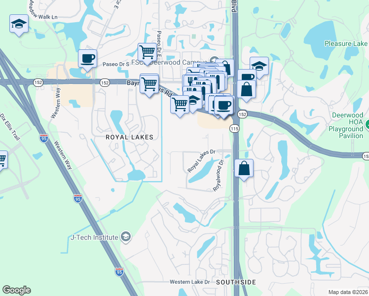 map of restaurants, bars, coffee shops, grocery stores, and more near 6201 Grayling Drive in Jacksonville