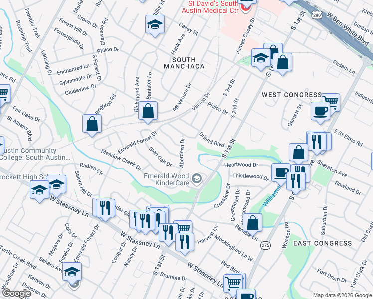map of restaurants, bars, coffee shops, grocery stores, and more near 4901 Aberdeen Circle in Austin