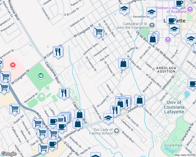 map of restaurants, bars, coffee shops, grocery stores, and more near 160 Louisa Boulevard in Lafayette