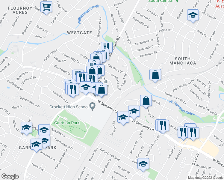 map of restaurants, bars, coffee shops, grocery stores, and more near 1703 Inverness Boulevard in Austin
