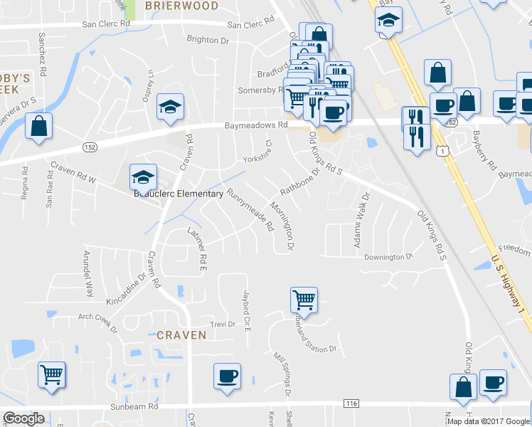 map of restaurants, bars, coffee shops, grocery stores, and more near 9105 Runnymeade Rd in Jacksonville