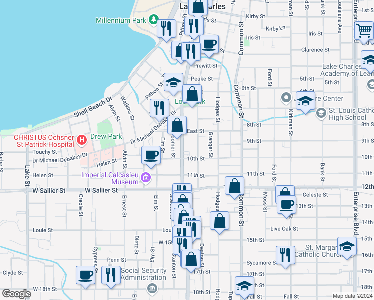 map of restaurants, bars, coffee shops, grocery stores, and more near 1737 Ryan St in Lake Charles