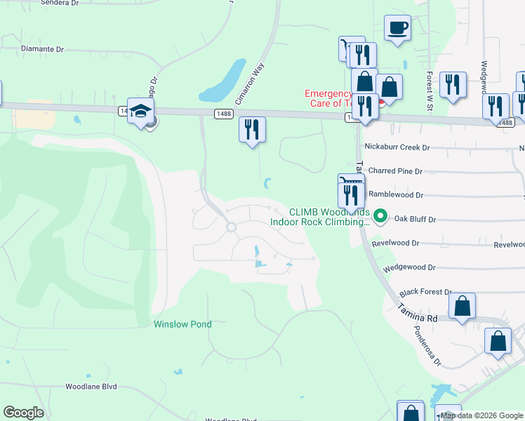map of restaurants, bars, coffee shops, grocery stores, and more near 8750 Stoney Brook Lane in Magnolia