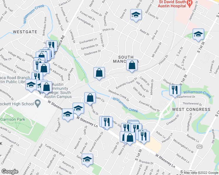 map of restaurants, bars, coffee shops, grocery stores, and more near 5213 Emerald Meadow Drive in Austin