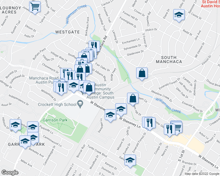 map of restaurants, bars, coffee shops, grocery stores, and more near 5212 Saint Georges Green in Austin