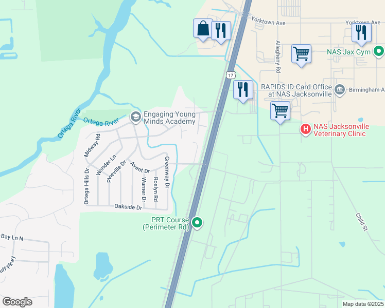 map of restaurants, bars, coffee shops, grocery stores, and more near 7410 Palm Hills Drive in Jacksonville