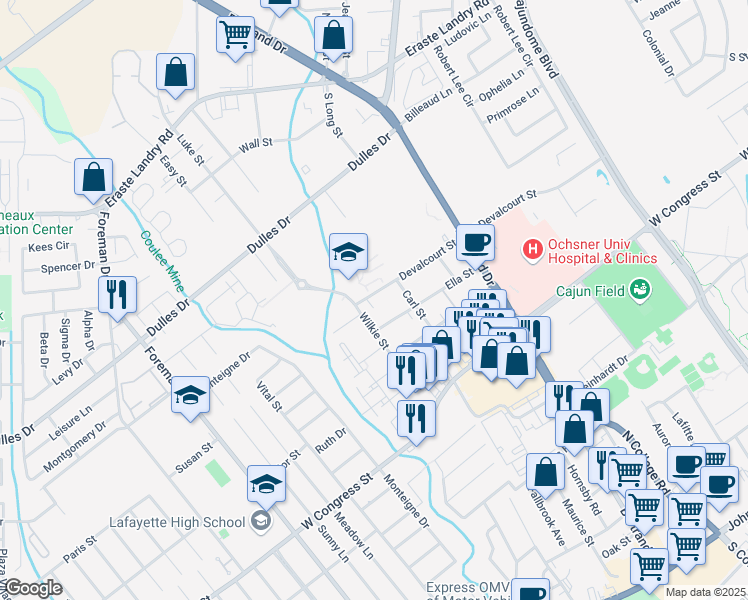 map of restaurants, bars, coffee shops, grocery stores, and more near 307 Devalcourt Street in Lafayette