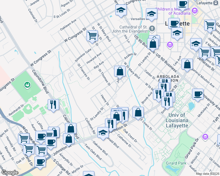 map of restaurants, bars, coffee shops, grocery stores, and more near 125 Saint Thomas Street in Lafayette