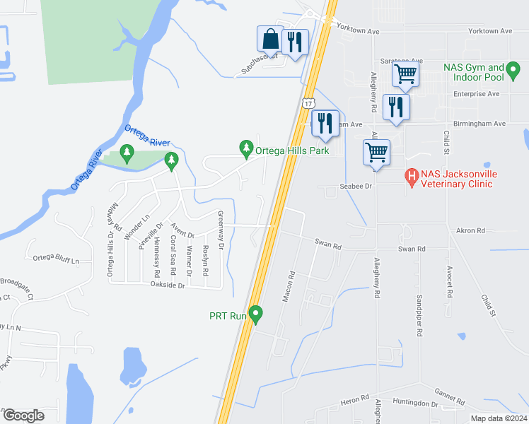 map of restaurants, bars, coffee shops, grocery stores, and more near 7405 Palm Hills Drive in Jacksonville