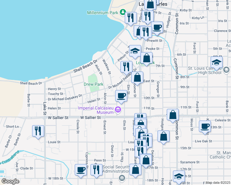 map of restaurants, bars, coffee shops, grocery stores, and more near 1716 Ethel Street in Lake Charles