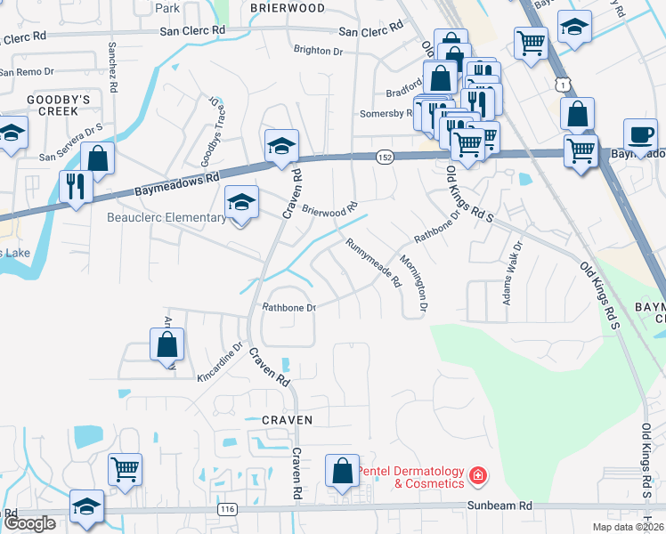 map of restaurants, bars, coffee shops, grocery stores, and more near 9030 Warwickshire Road in Jacksonville