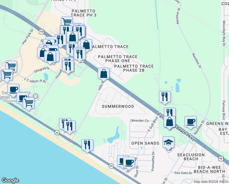 map of restaurants, bars, coffee shops, grocery stores, and more near 107 Summerwood Drive in Panama City Beach