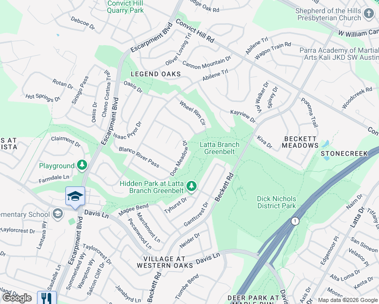 map of restaurants, bars, coffee shops, grocery stores, and more near 8101 Doe Meadow Drive in Austin