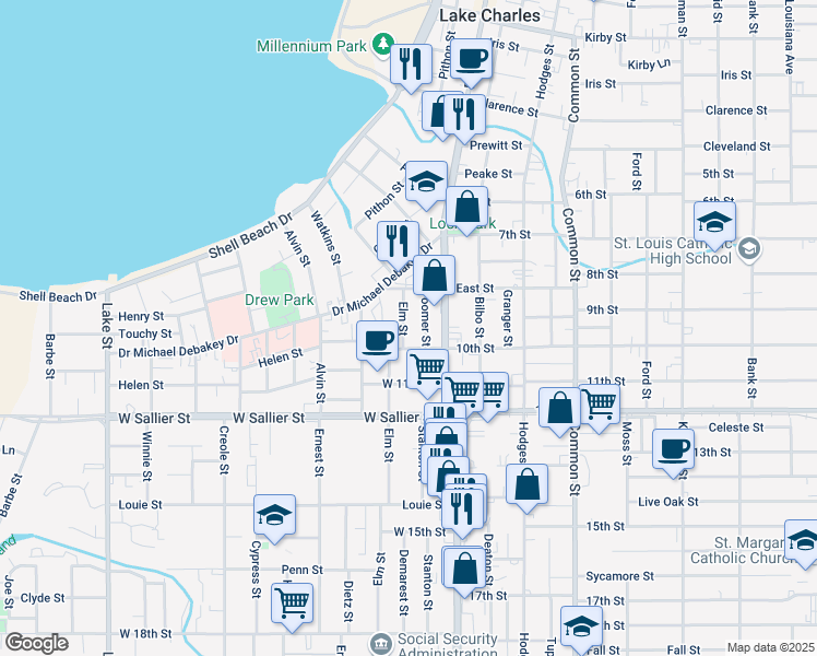 map of restaurants, bars, coffee shops, grocery stores, and more near 1741 Elm Street in Lake Charles