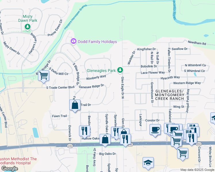 map of restaurants, bars, coffee shops, grocery stores, and more near 22 Rolling Ridge Court in Conroe