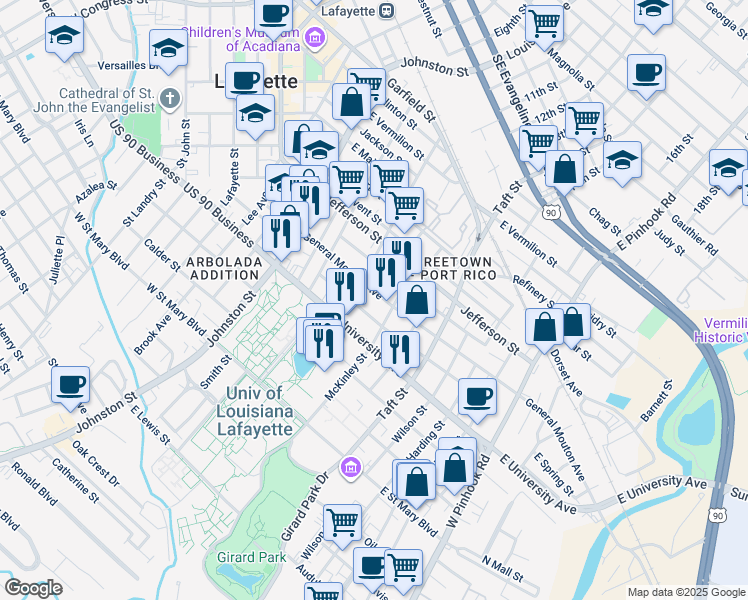 map of restaurants, bars, coffee shops, grocery stores, and more near 426 General Mouton Avenue in Lafayette